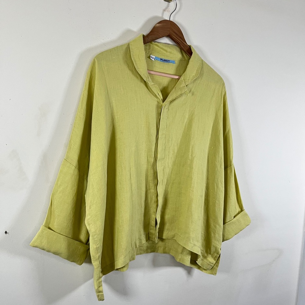 Planet By Lauren G Linen Chartreuse Green Signature Shirt Lagenlook USA Made OS - Picture 2 of 8